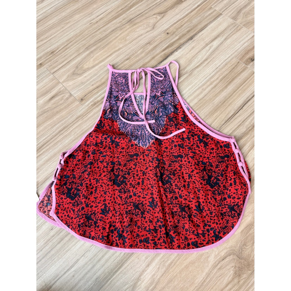 Free People Red Pink Leopard Medallion Halter Swing Tank Top Small NWT